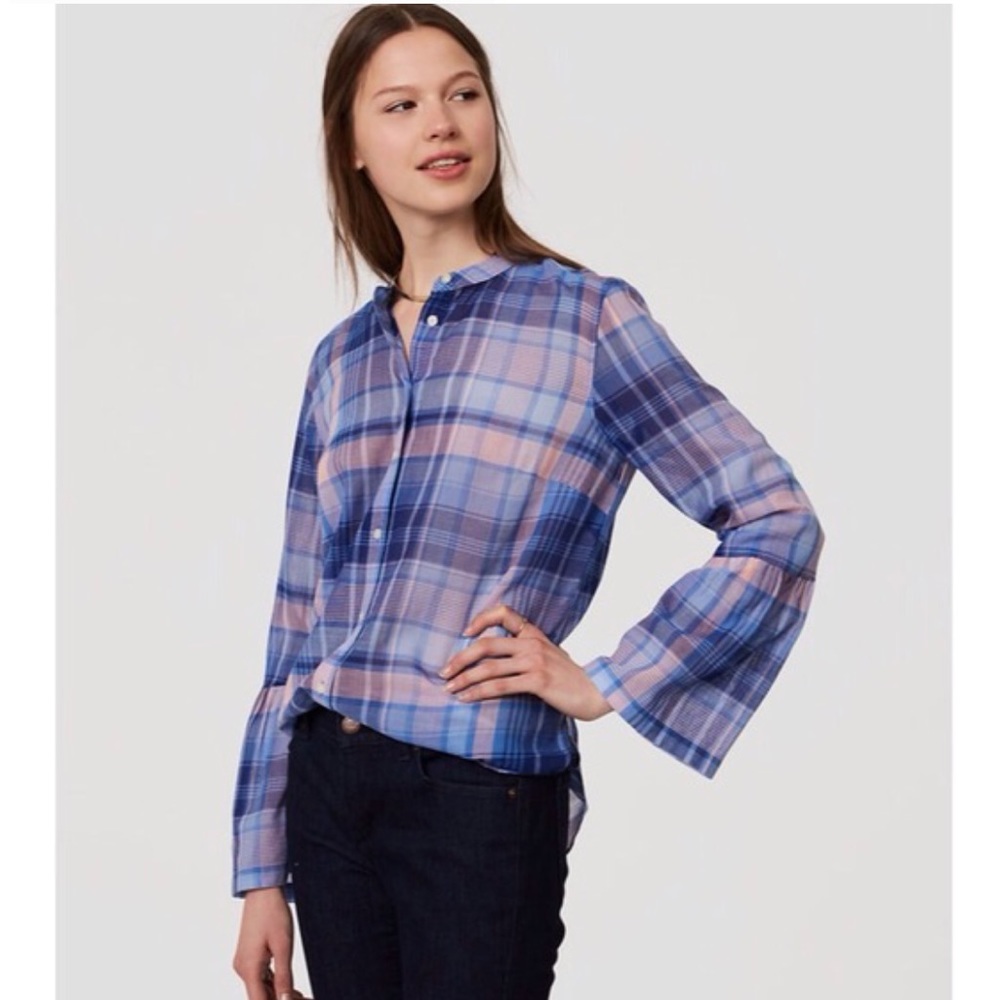 Ann Taylor Loft Plaid Bell Sleeve Softened Shirt